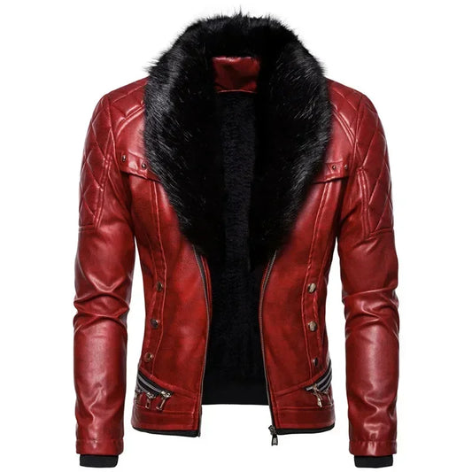 Men's Removable Suede Collar Slim Fit Warm Faux Leather Jacket