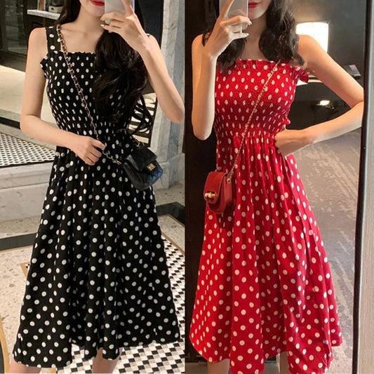 Casual Sleeveless Loose Polka Dot Shoulder Dresses for Women