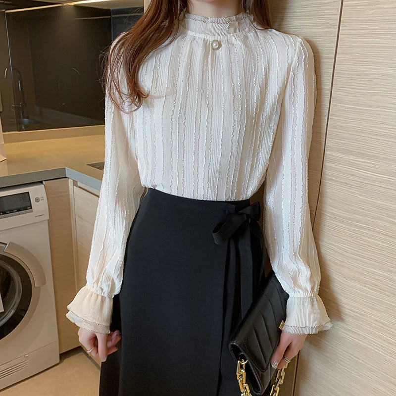 Women's Long Sleeve Lace Chiffon Blouse with Stand Collar