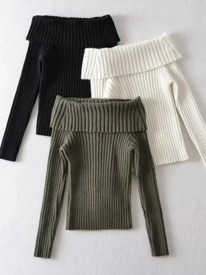 Off-the-Shoulder Knitted Pullover Sweater - Full Sleeve Knitwear for Women