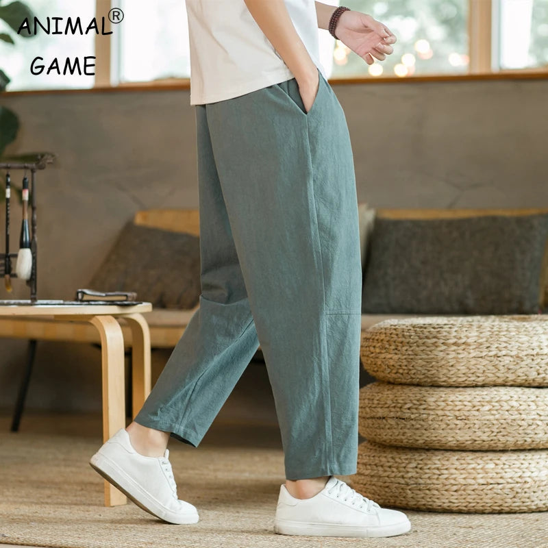 Men's Casual Loose Fit Cotton Trousers - Breathable Drawstring Pants - Various Colors