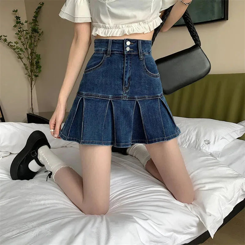 Vintage High Waist Ruffled Blue Denim Pleated Skirt for Women