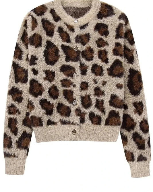 Women's Leopard Print Short Knit Fur Sweater