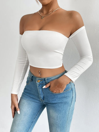 Women's Casual Long Sleeve Off-Shoulder Crop Top - Various Colors