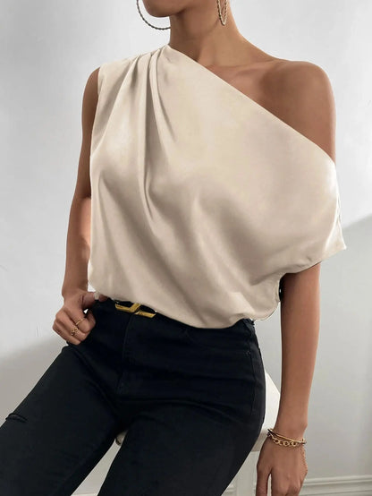 Asymmetric Slant Neck Blouse - Folded Single Shoulder Detail