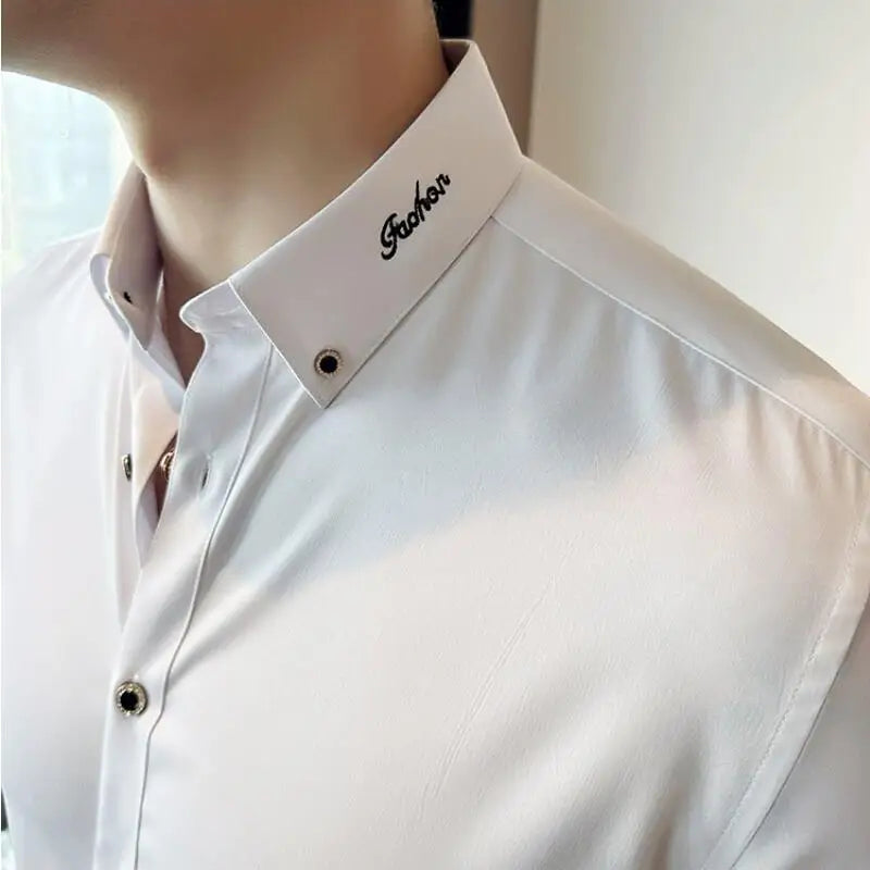 Men's Long Sleeve Slim Fit Shirts with Neckline Embroidery