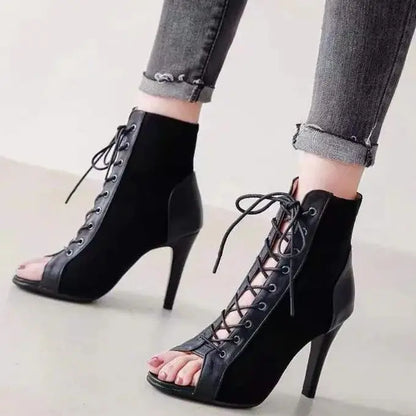 Womens Lace-up Hollow Mesh Heels with Belt Buckle-Various Colors