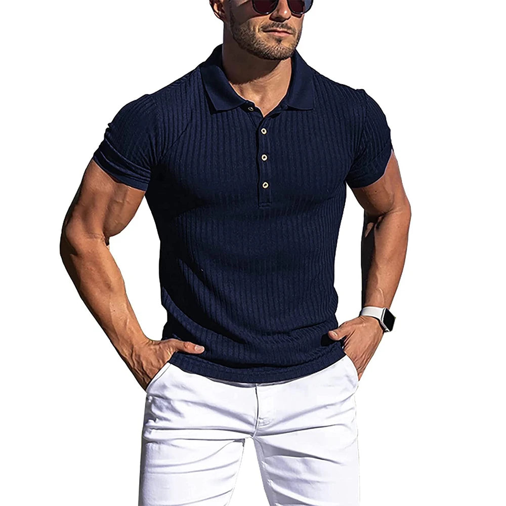 Men's Solid Stripe Short Sleeve Polo Shirt with Stretch - Various Colors