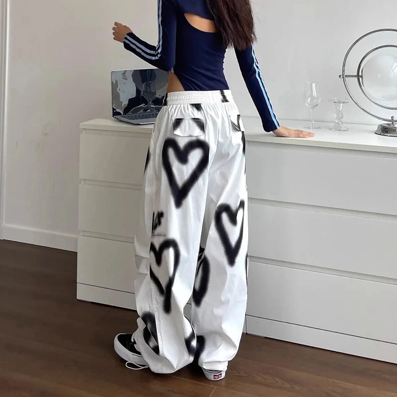 Women’s High-Waisted Wide Leg Joggers with Love Heart Graffiti Print