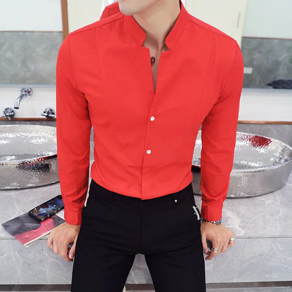 Slim Fit Long Sleeve Stand Collar Shirt for Men - Various Colors