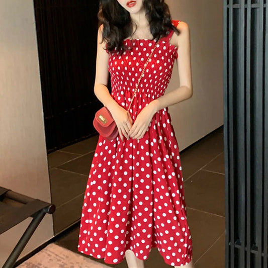 Casual Sleeveless Loose Polka Dot Shoulder Dresses for Women