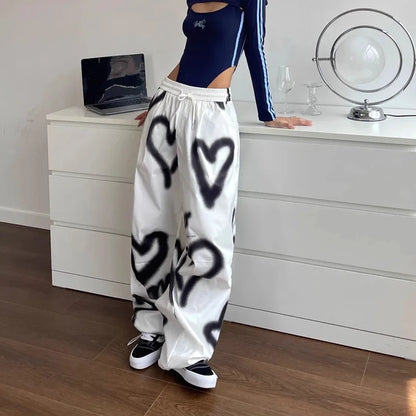 Women’s High-Waisted Wide Leg Joggers with Love Heart Graffiti Print