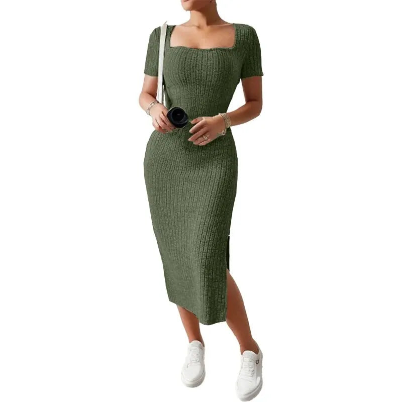 Mid-Length Knitted Dress with Short Sleeves and Slit Detail