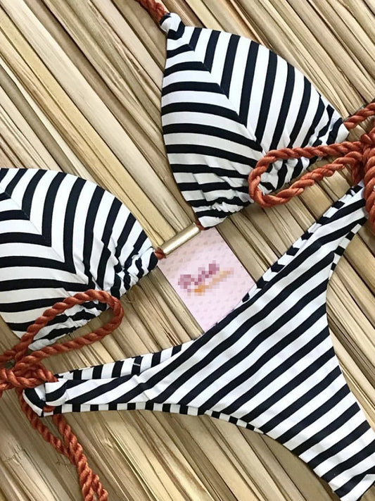 Knotted Striped Bikini Set - Women's 2-Piece Thong Swimsuit