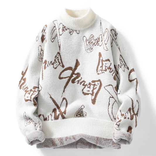 Men's Warm Wool Sweater with Chinese Letter Print