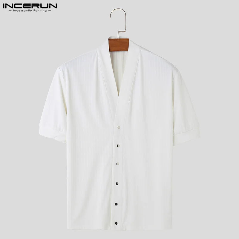 INCERUN Men's Short Sleeve Button-Up V-Neck Shirt