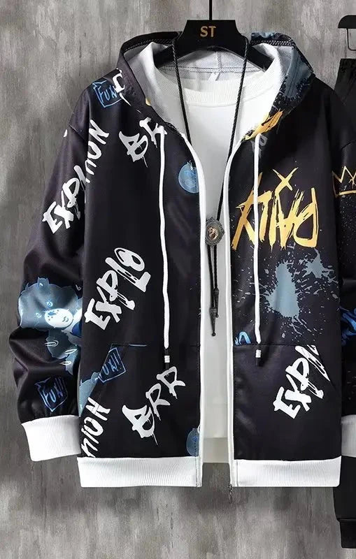 Men's Hooded Jacket with Graffiti Print