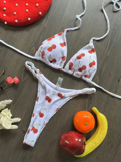 Women's Cherry Print Brazilian Thong Bikini Set - Two Piece