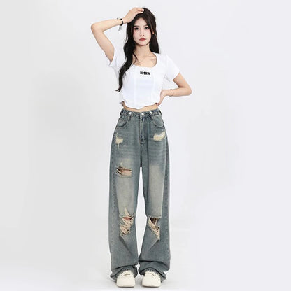 Women's Retro High-Waisted Loose Straight-Leg Jeans with Hole Punched Design