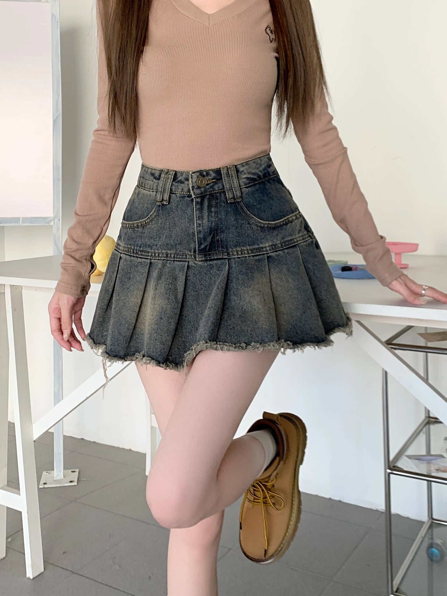 High-Waisted Women's Spliced Denim Mini Skirt