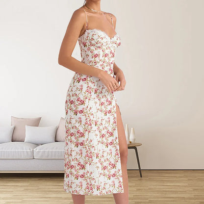 Floral Print Sleeveless Bodycon Dress with Spaghetti Straps and Slit