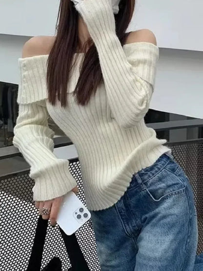 Off-the-Shoulder Knitted Pullover Sweater - Full Sleeve Knitwear for Women