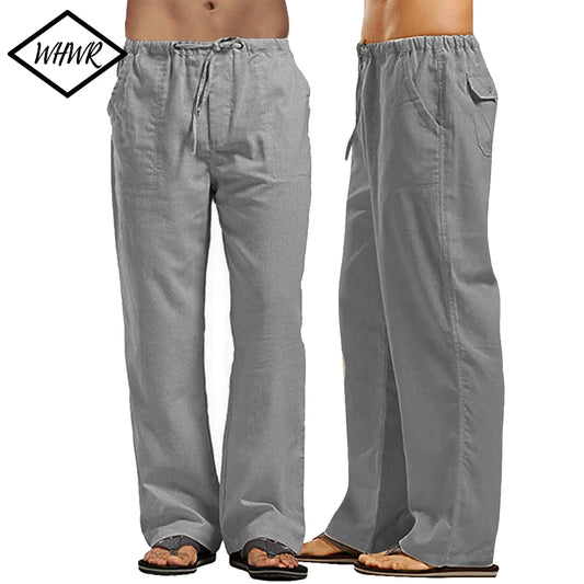 Men's Casual Loose-Fit Cotton Linen Pants with Elastic Waist - Various Colors