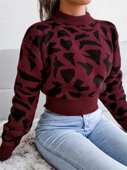 Women's Long Sleeve Knitted Sweater with Leopard Print