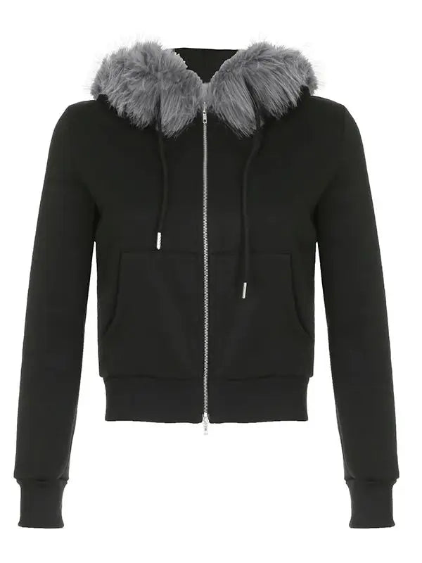 Rockmore Faux Fur Patchwork Hooded Jacket with Letter Embroidery and Zipper