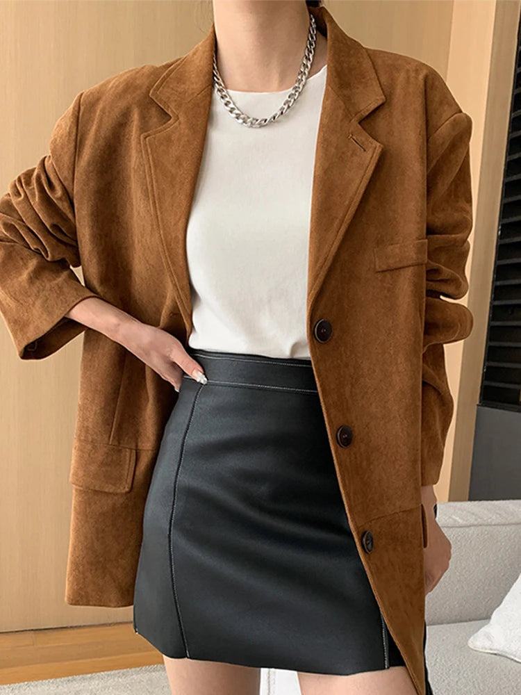 Retro Brown Suede-Look Faux Leather Jacket for Women