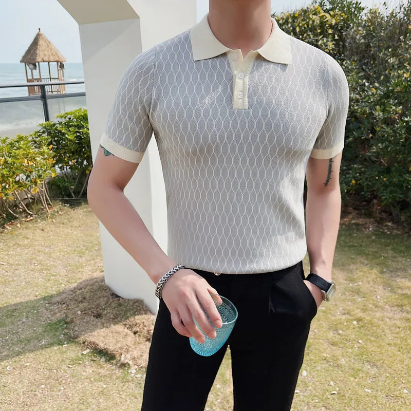 Men's Diamond Plaid Short Sleeve Slim Fit Knitted Polo Shirt with Lapel