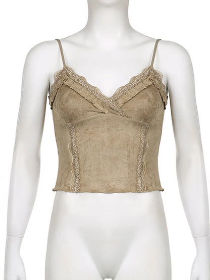 Lace Mini Vest Women's Khaki Spaghetti Strap Crop Top