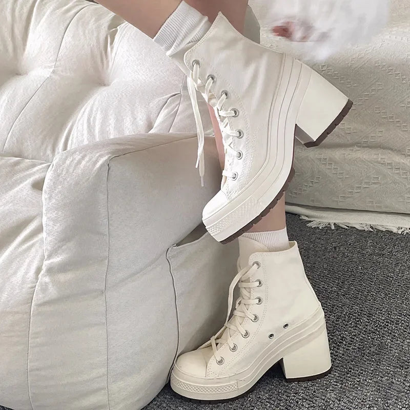 Stylish Women's Canvas Lace Up Heels