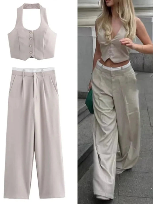 Women's Vest and Pant Suit Set -  Cropped Top with High Waist Patchwork Trousers