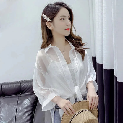 Women’s Casual Loose Tied Waist Half-Sleeve  Blouse