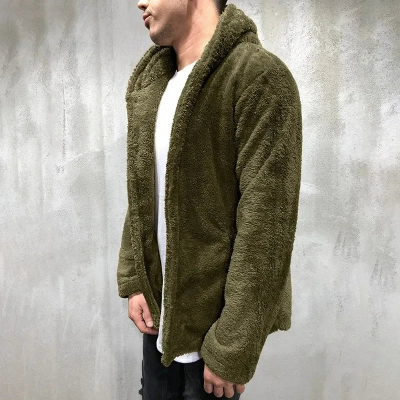 Men's Warm Plush Hooded Cardigan - Long Sleeve