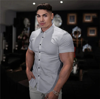 Men's Slim Fit Short Sleeve Lapel Shirt – Lightweight & Stretchy