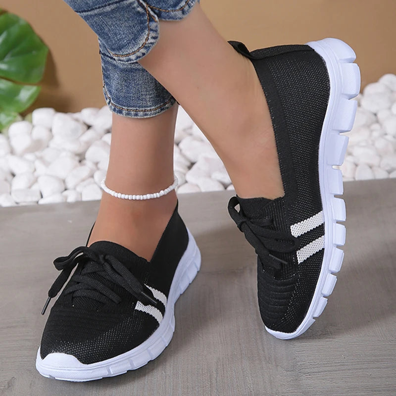 Women's Striped Lace-Up Trainers - Breathable Sneakers with Soft Sole