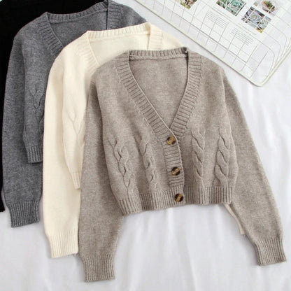 V-Neck Cropped Long Sleeve Knit Cardigan for Women