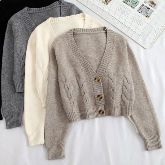 V-Neck Cropped Long Sleeve Knit Cardigan for Women