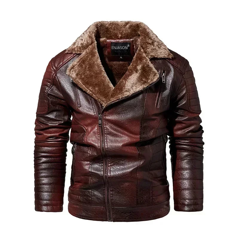 Men's Faux Leather Jacket with Fleece Fur Collar - Various Colors