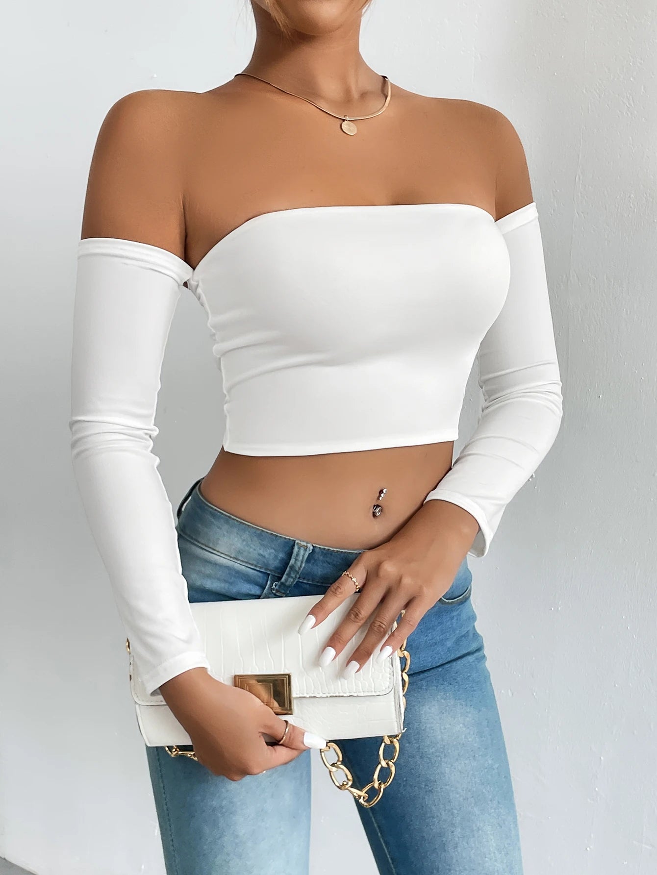 Women's Casual Long Sleeve Off-Shoulder Crop Top - Various Colors