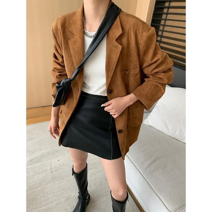 Women's Vintage Faux Suede Jacket - Casual Loose Lapel Style