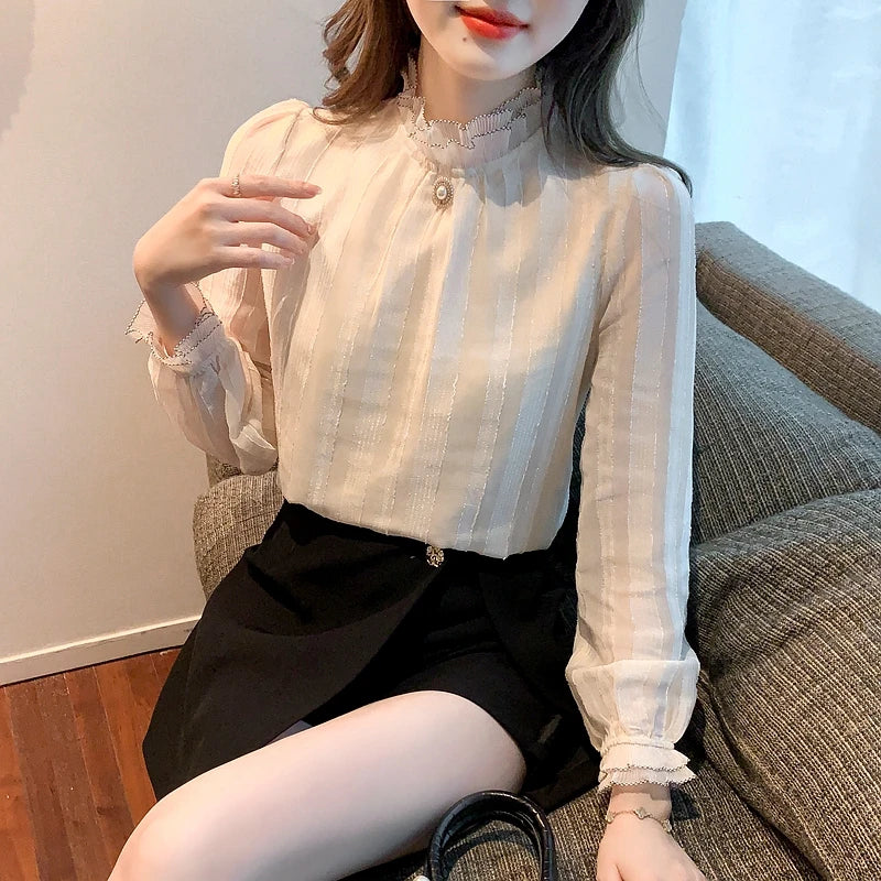 Elegant Women's Long Sleeve Chiffon Blouse Shirt