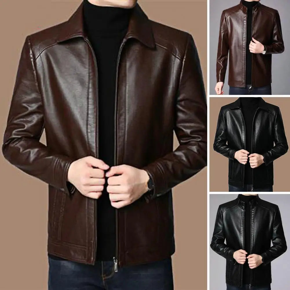 Men's Faux Leather Jacket with Stand Collar and Thick Warm Lining