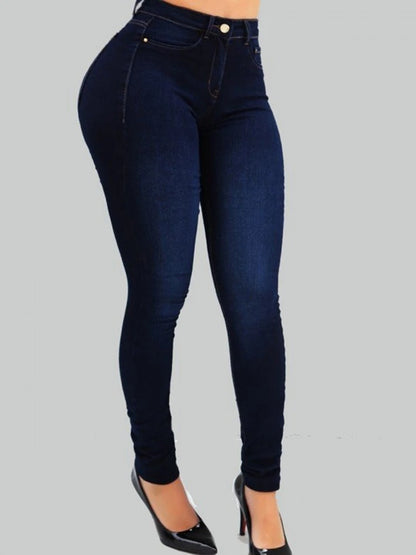 Women's High-Waisted Denim Jeans - Long Narrow Straight Leg with Hip Wrap Detail