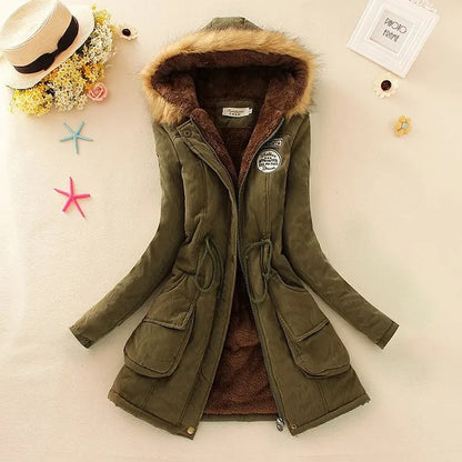 Women's Cotton Padded Hooded Parka Jacket with Embroidery - Various Colors