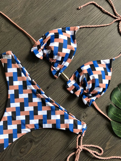 Knotted Striped Bikini Set - Women's 2-Piece Thong Swimsuit