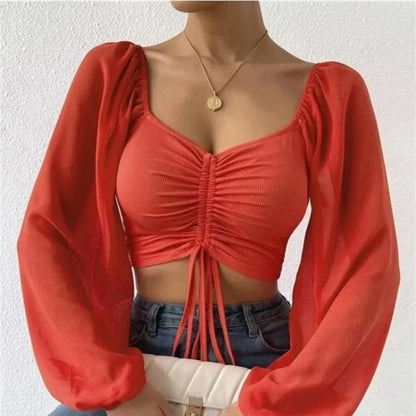 Drawstring Wrap Chest Long Sleeve Blouse for Women - Various Colors