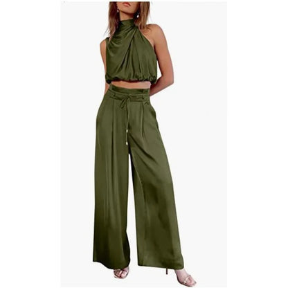 Womens Two-Piece Silk Pleated Outfit-Leg Pants and Open Navel Design